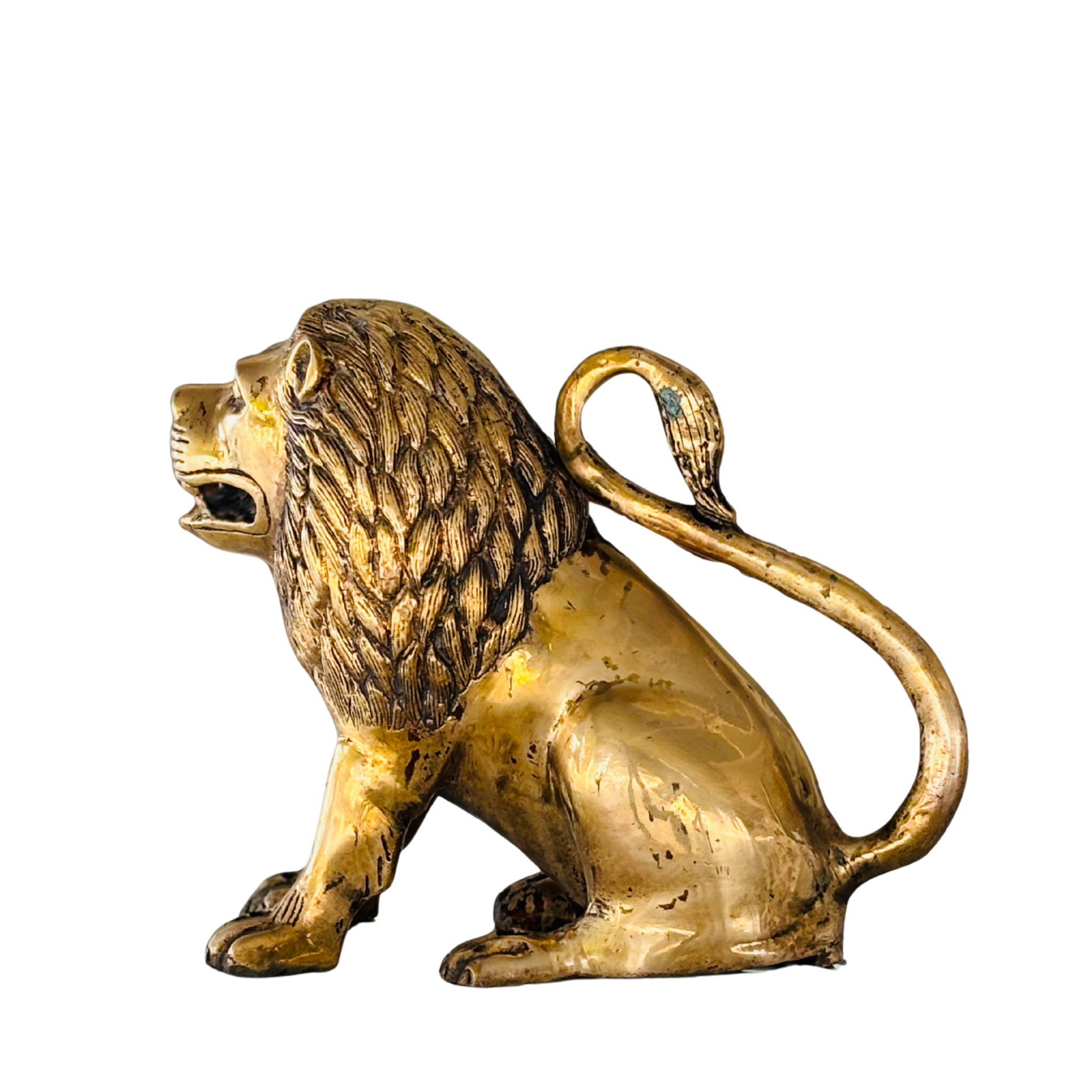 Antique 1800s brass lion figurine with detailed mane and sitting posture