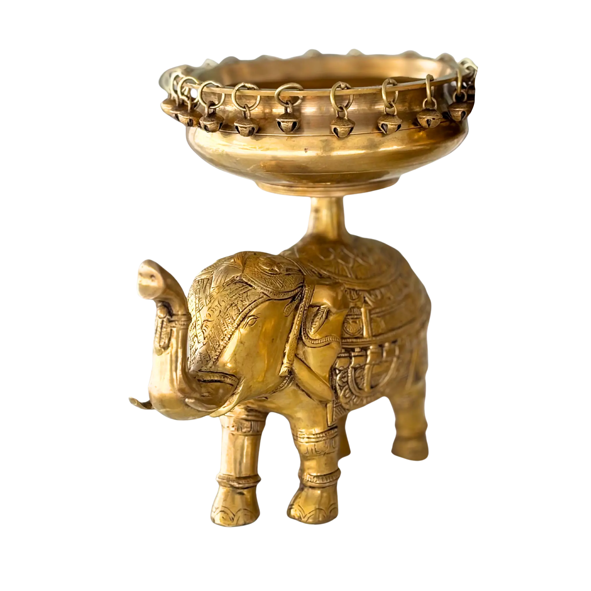 Single-piece 1800s antique brass elephant figurine with bowl and intricate carvings