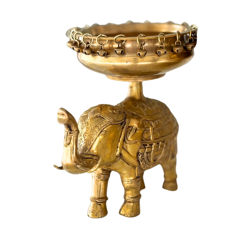 Single-piece 1800s antique brass elephant figurine with bowl and intricate carvings