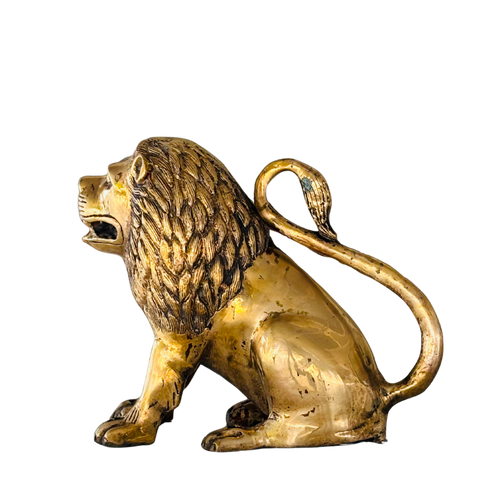 Antique 1800s brass lion figurine with detailed mane and sitting posture