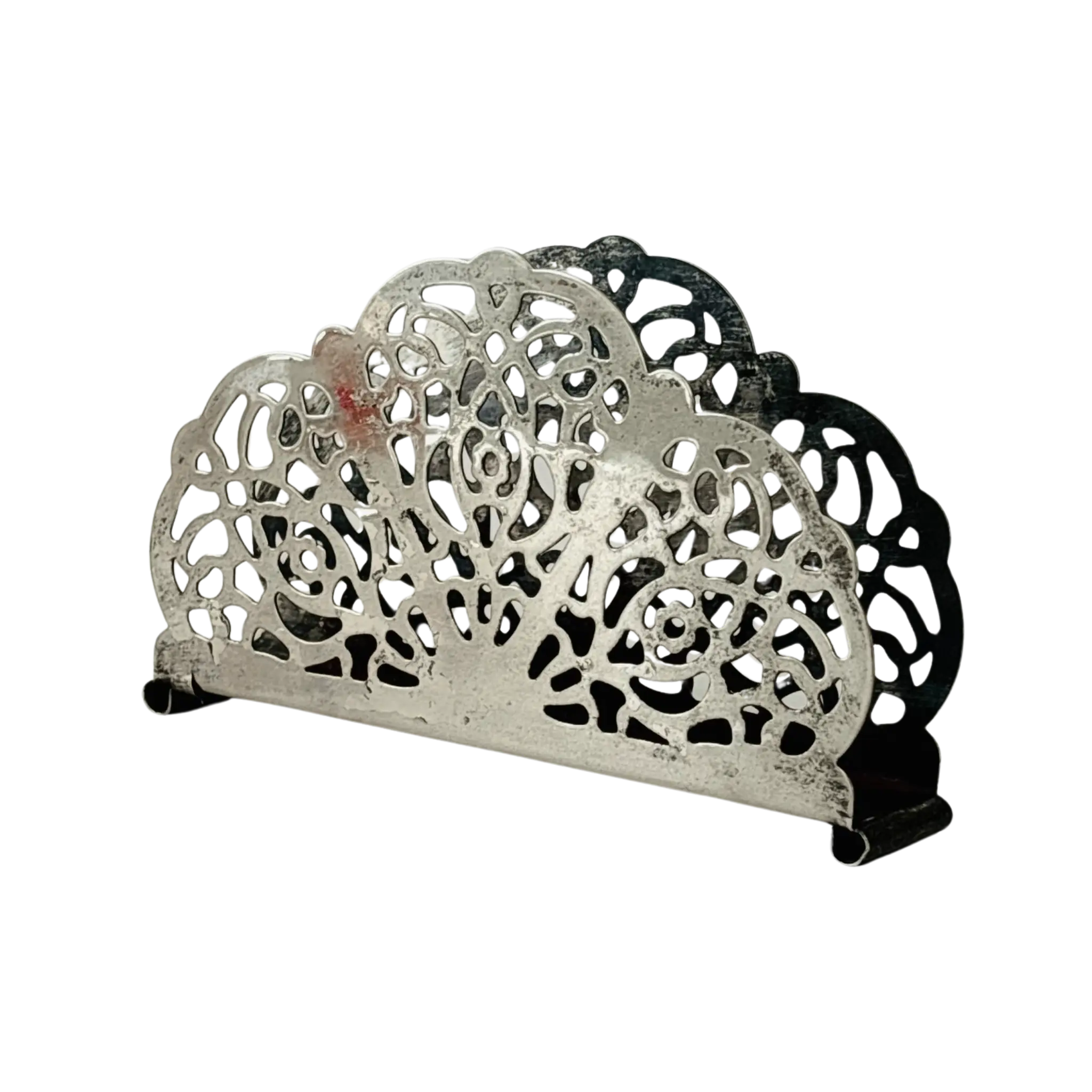 German silver napkin holder with vintage cutwork design – antique dining table accessory