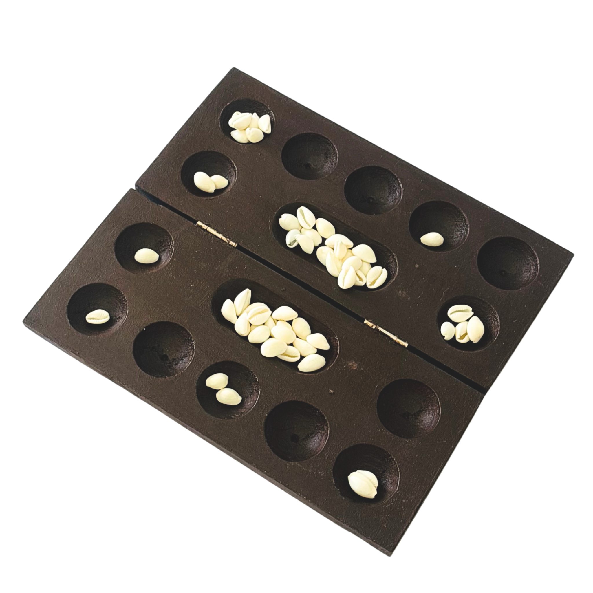Handcrafted wooden folding Pallanguzhi board with cowrie shells traditional South Indian mancala game