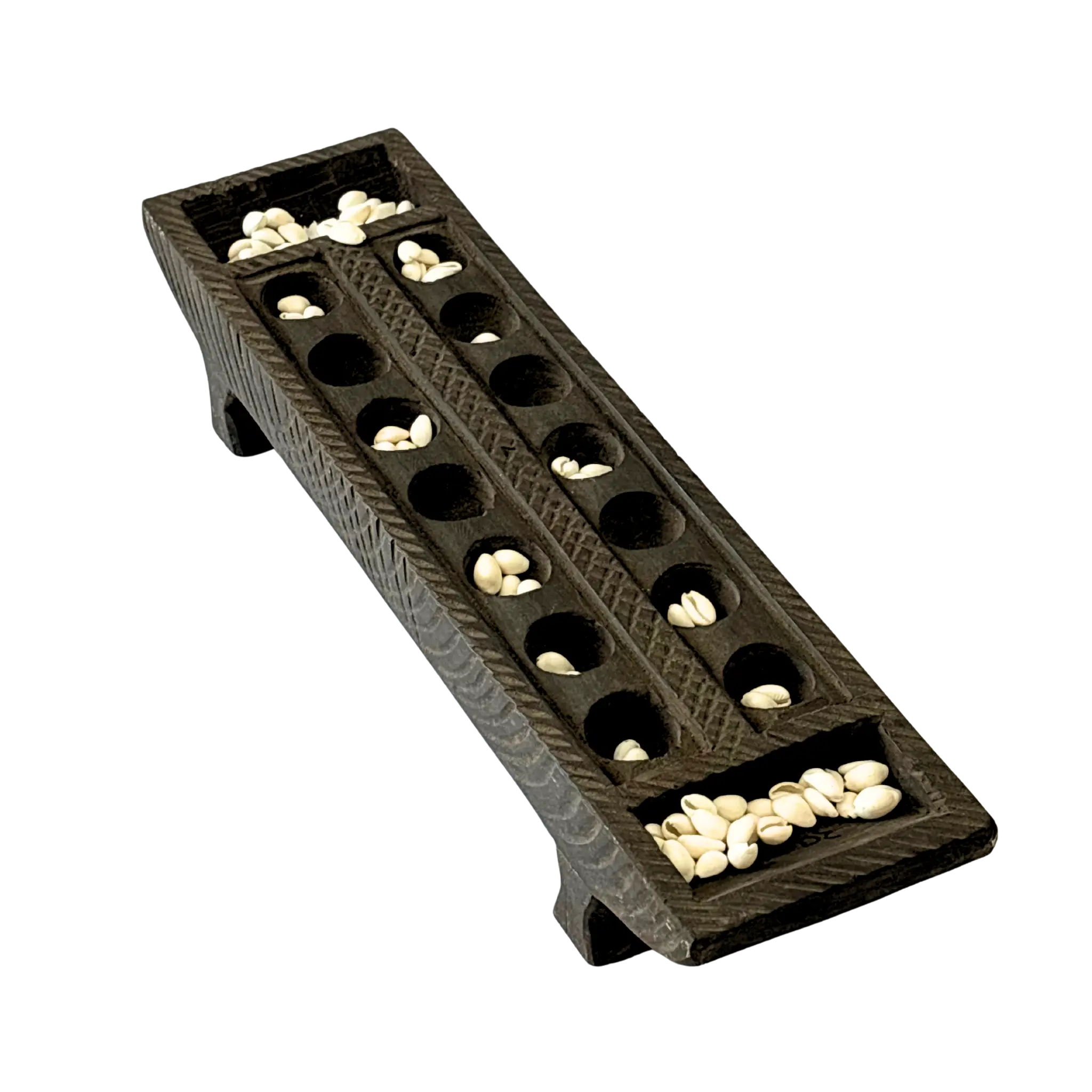 Handcrafted wooden Pallanguzhi board with cowrie shells  traditional South Indian mancala game