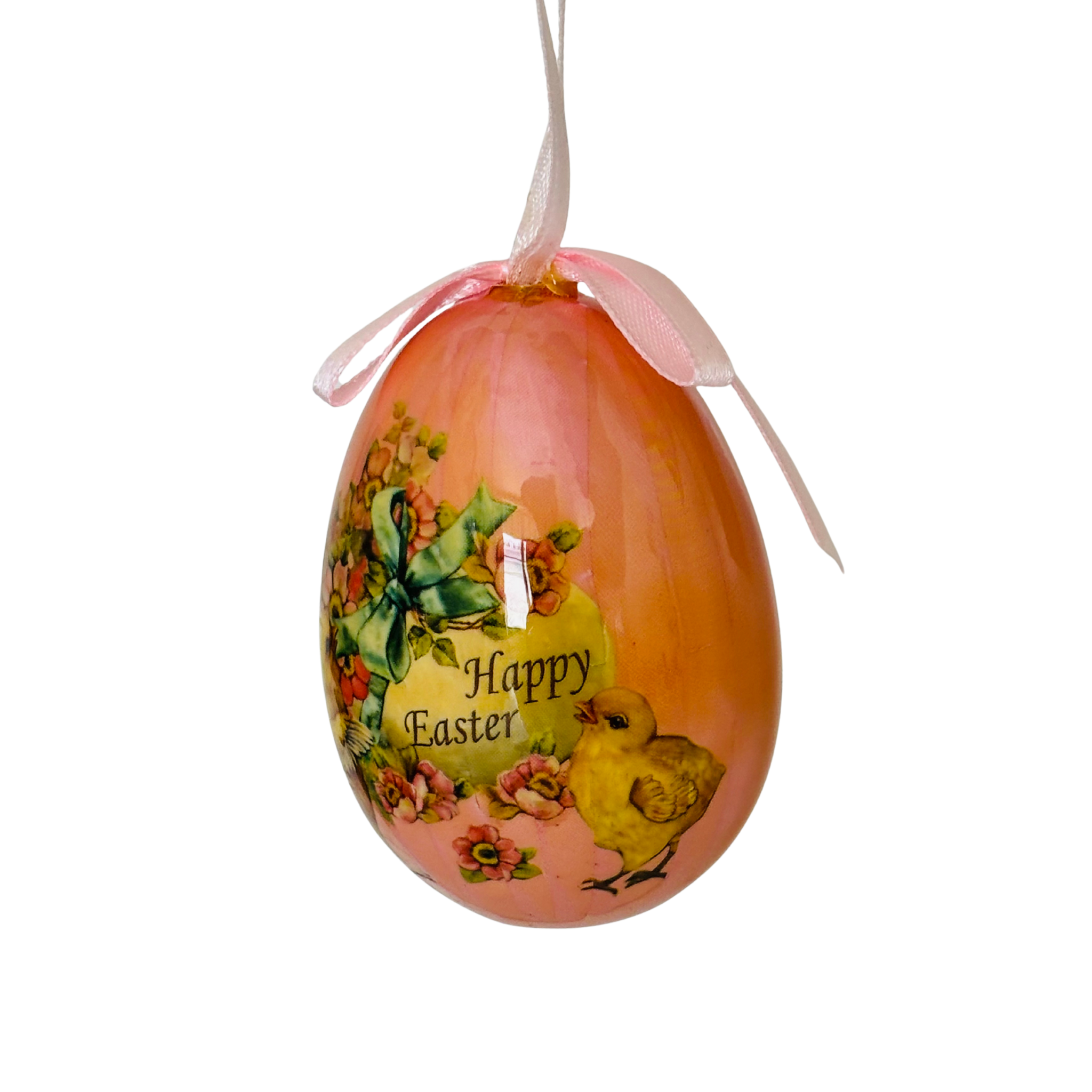 Pink Easter egg with chick, flowers, and “Happy Easter” text