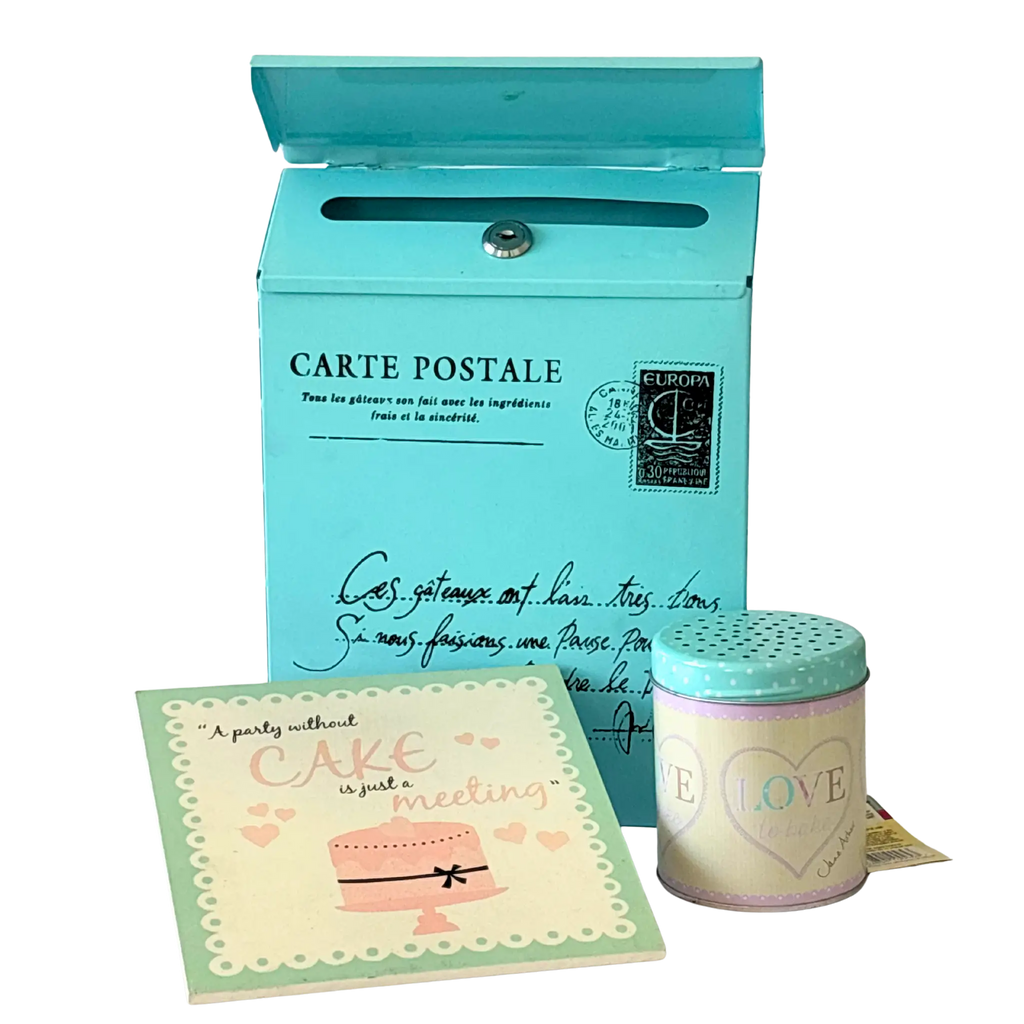 Vintage French postcard tin box with Love jar and cake-themed coaster set – Parisian-inspired home décor gift