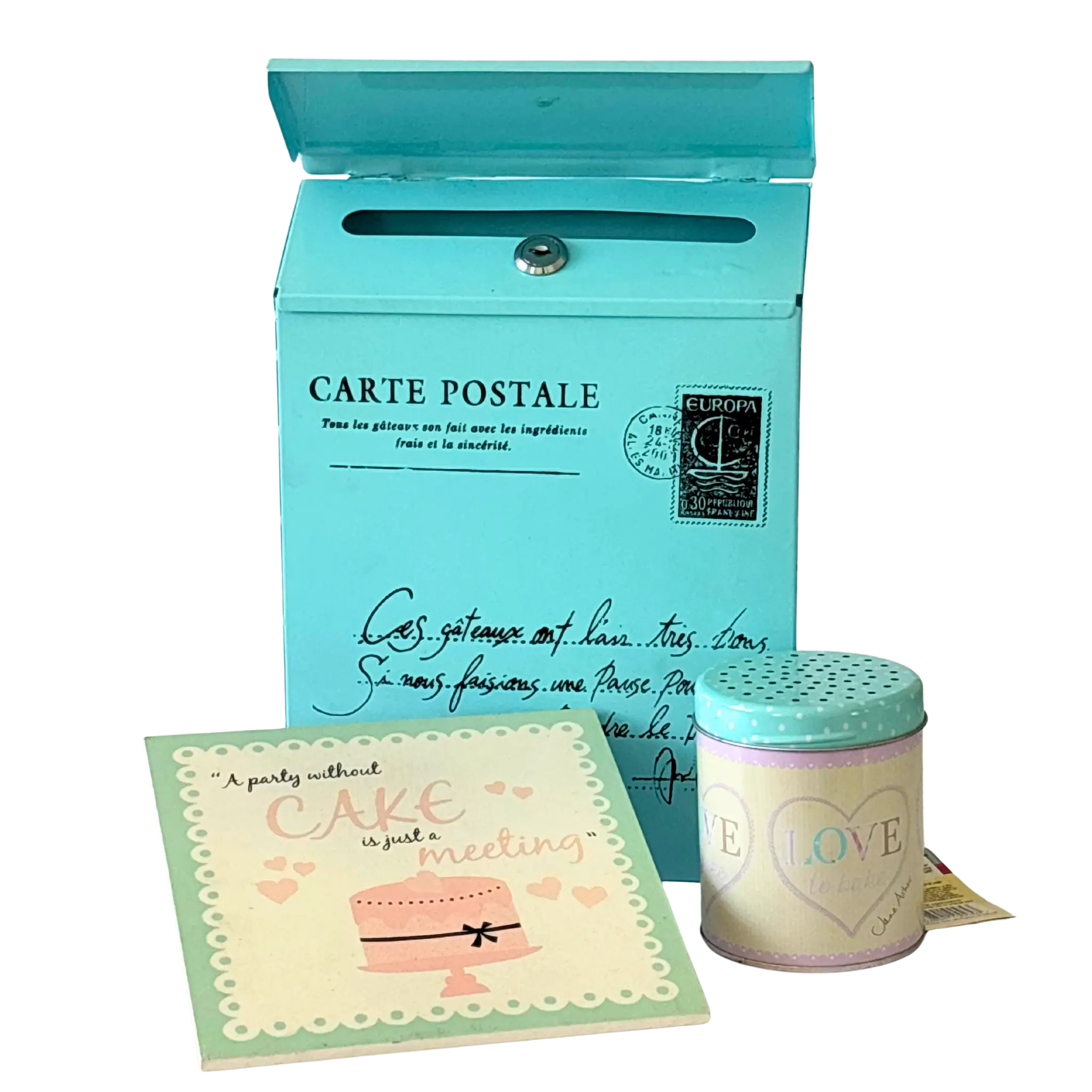 Vintage French postcard tin box with Love jar and cake-themed coaster set – Parisian-inspired home décor gift