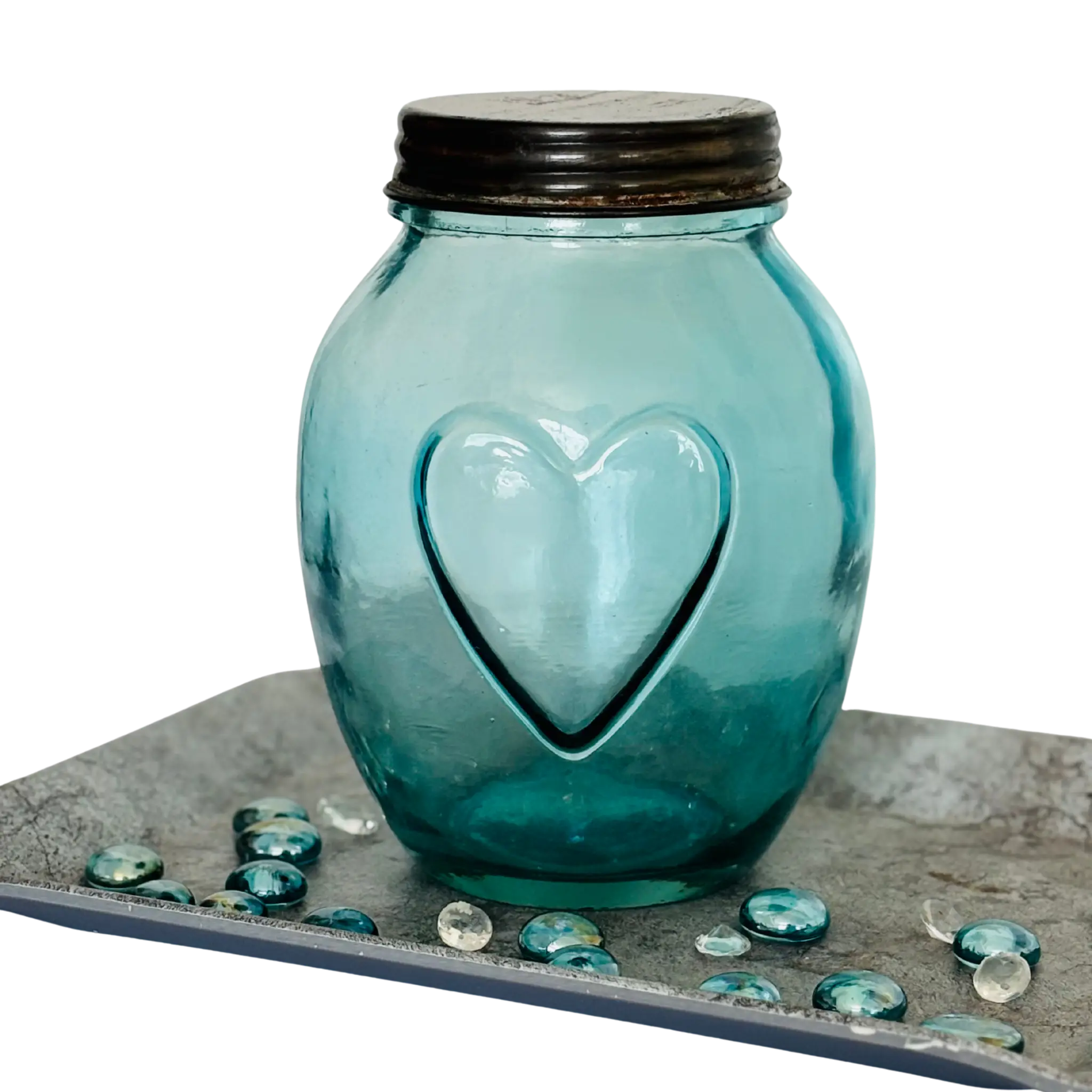 Vintage apothecary bottle with heart embossing and metal lid – decorative glass storage jar