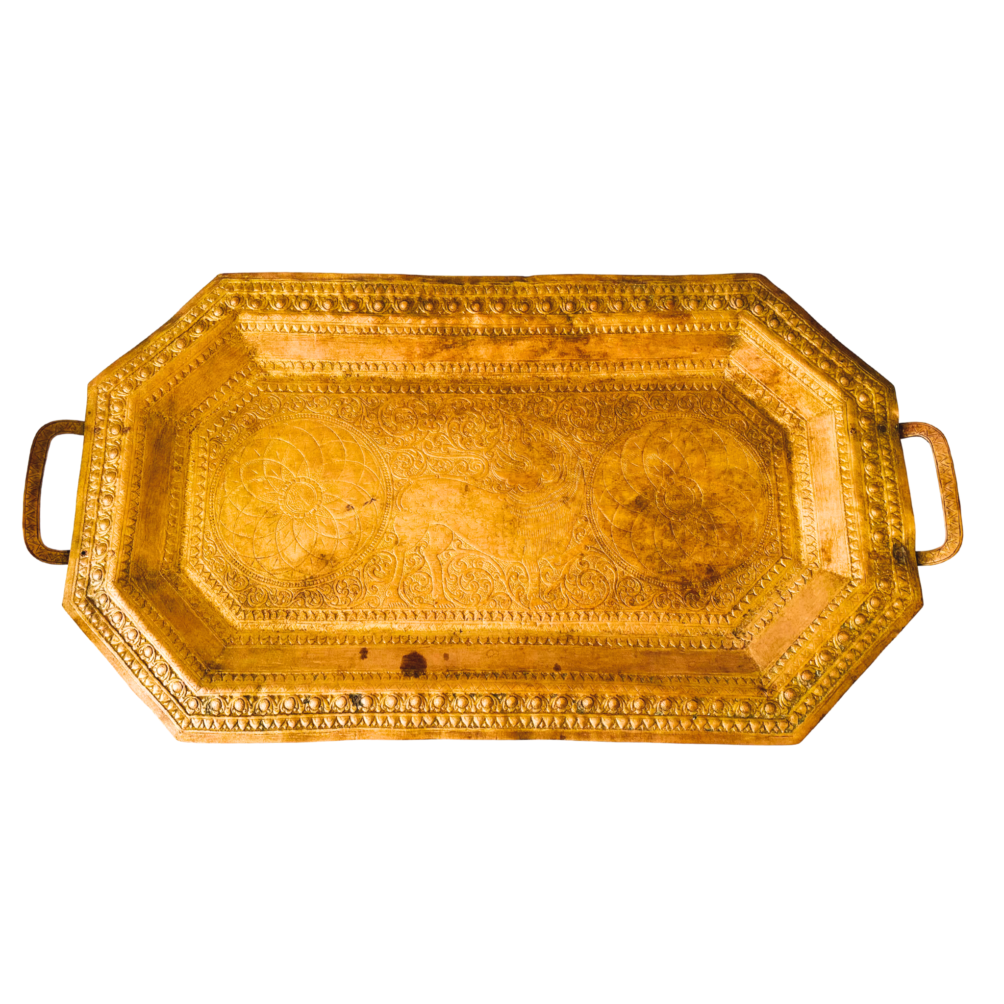 Vintage copper tray with intricate designs – antique wall hanging and decorative serveware