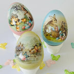 Vintage dented rabbit Easter eggs – decorative holiday set with springtime scenes