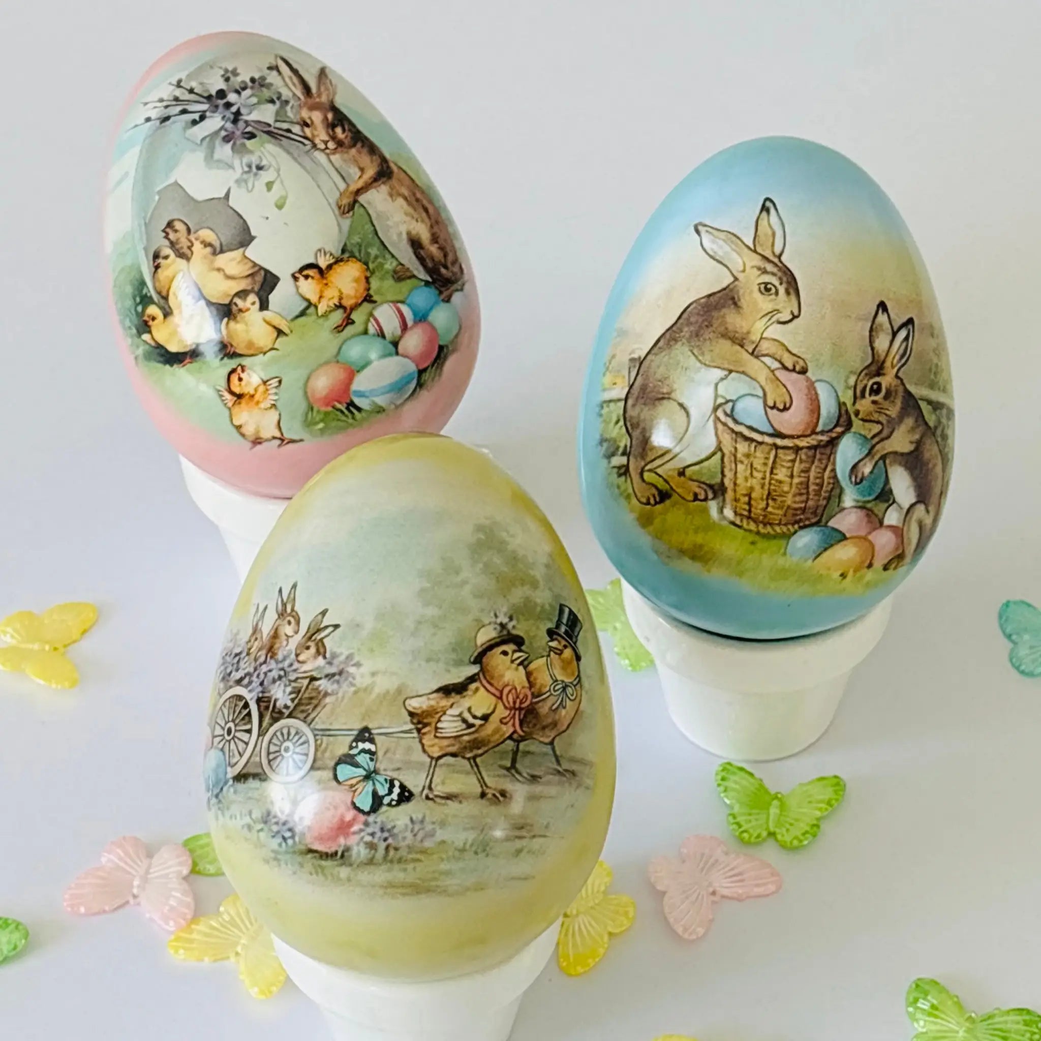 Vintage dented rabbit Easter eggs – decorative holiday set with springtime scenes