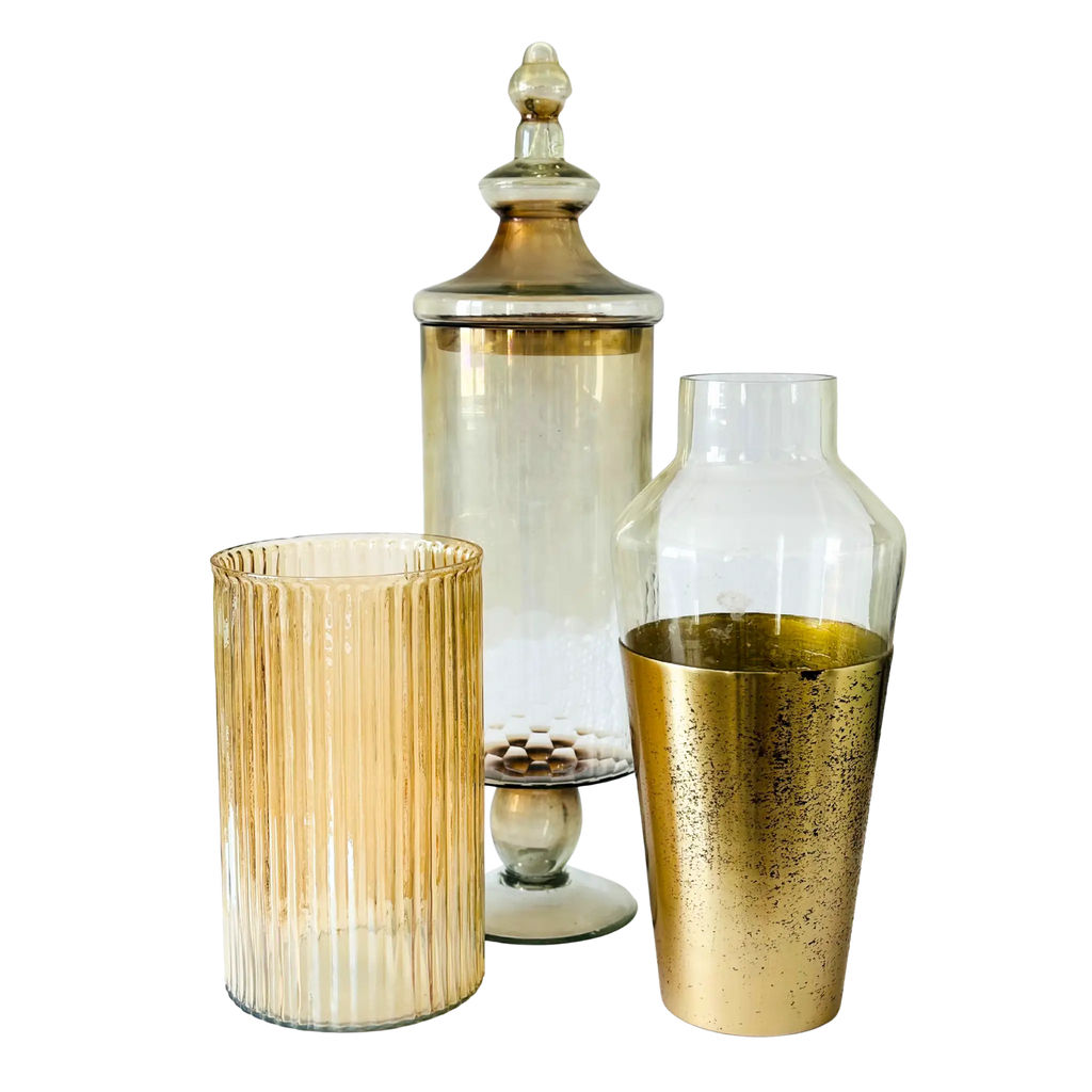 Vintage glass vase set with gold and clear finishes – decorative home centerpiece collection