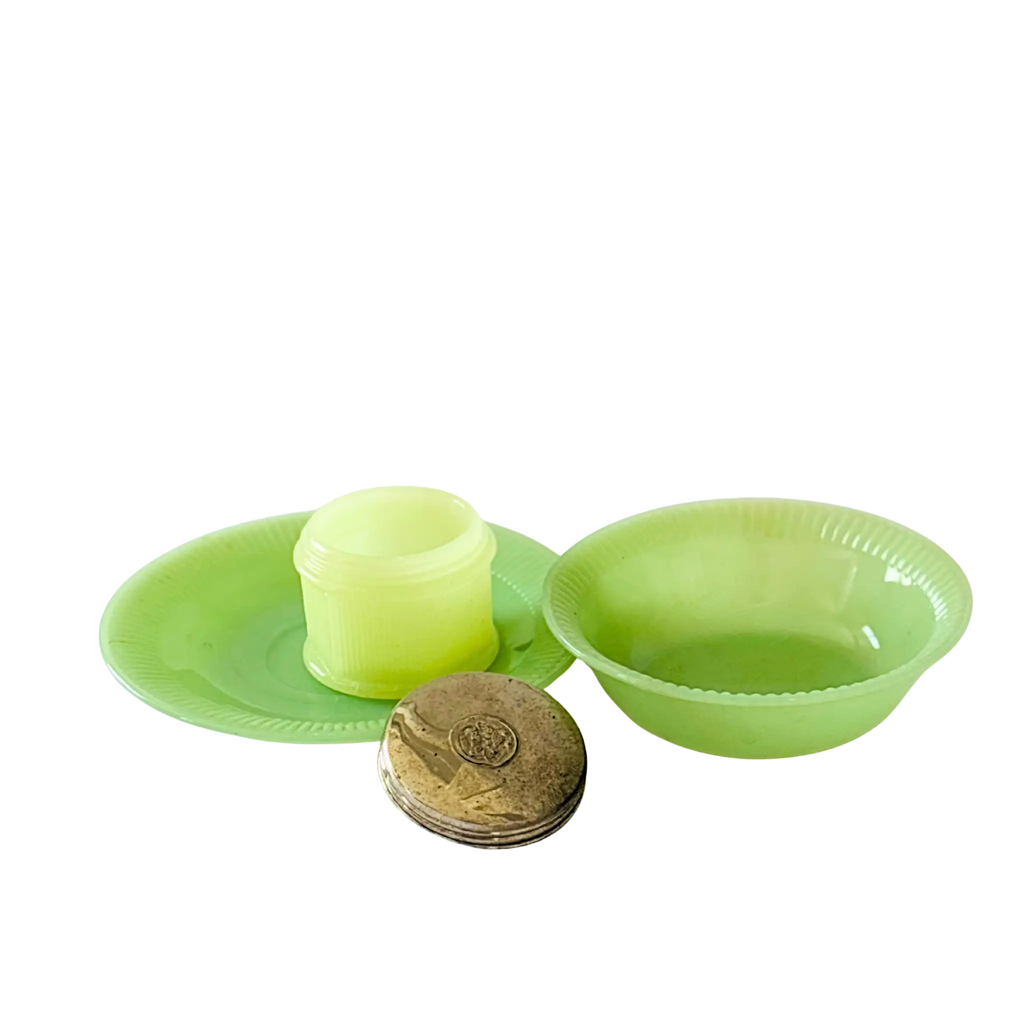 Vintage jade glass tableware set with plate, bowl, and lidded jar – antique collectible dining set"