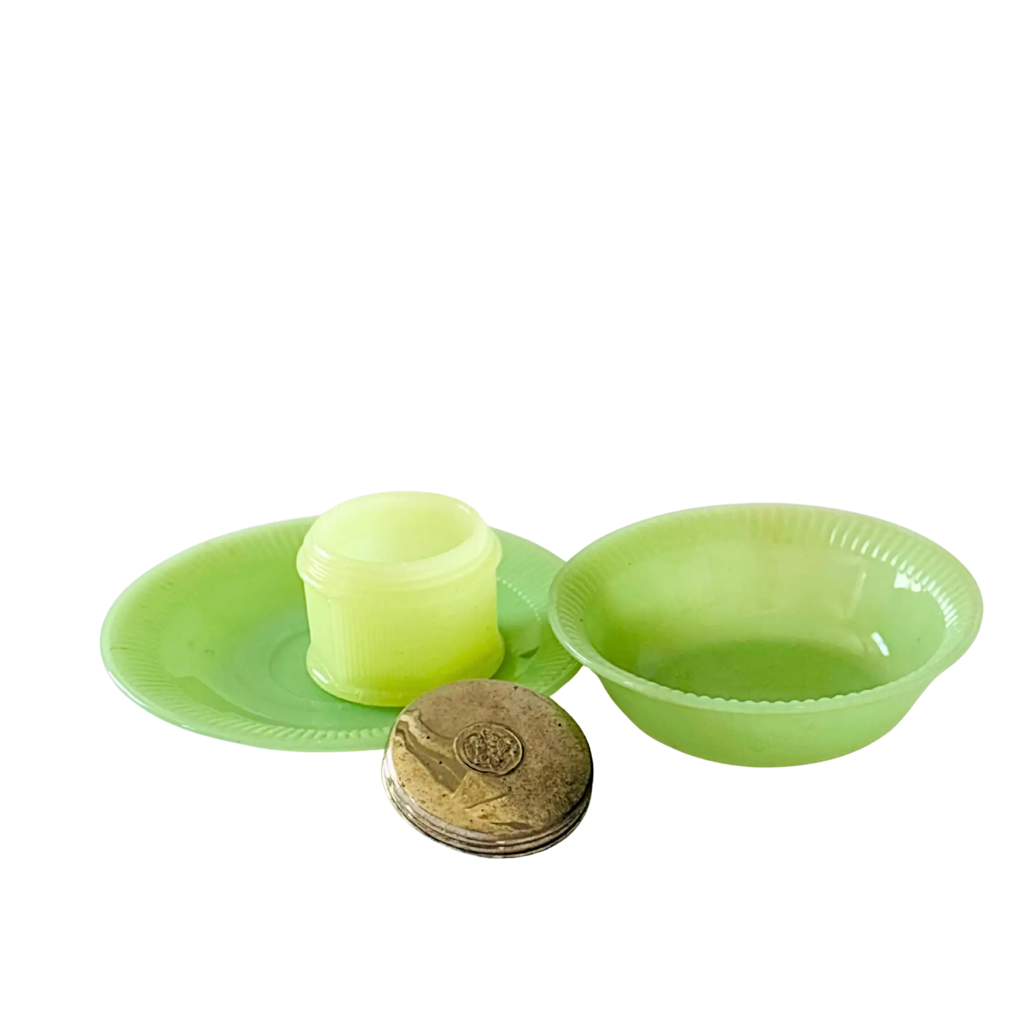 Vintage jade glass tableware set with plate, bowl, and lidded jar – antique collectible dining set"
