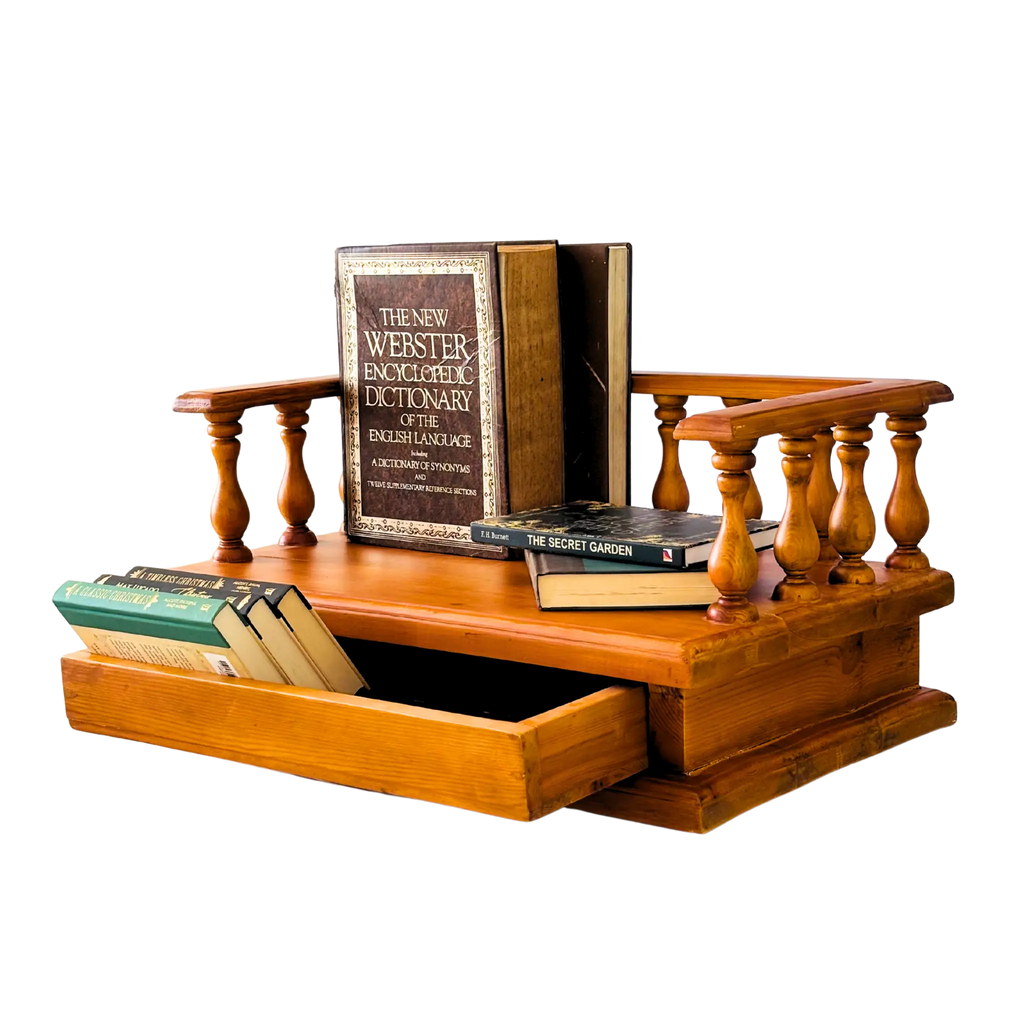 Vintage wooden windowsill book stand with spindle side rails and storage drawer – decorative bookshelf organizer