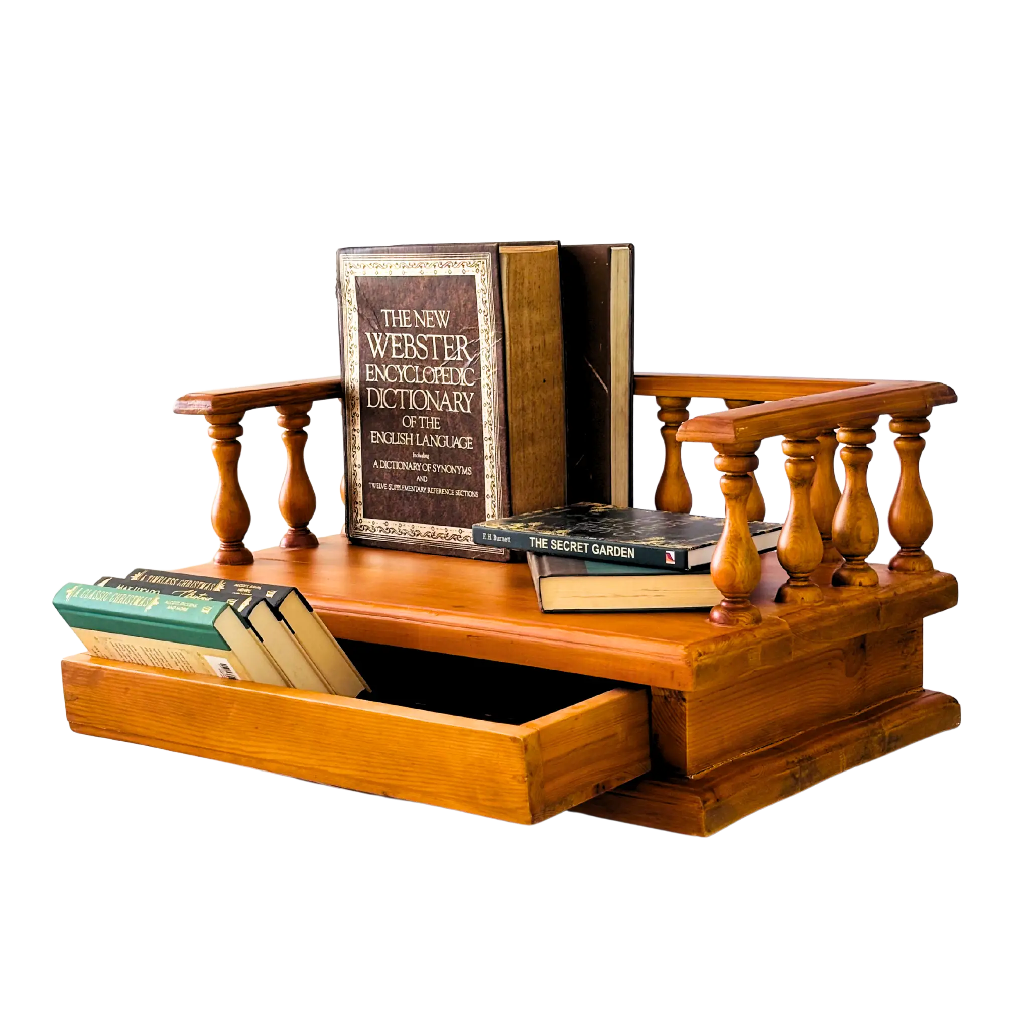 Vintage wooden windowsill book stand with spindle side rails and storage drawer – decorative bookshelf organizer