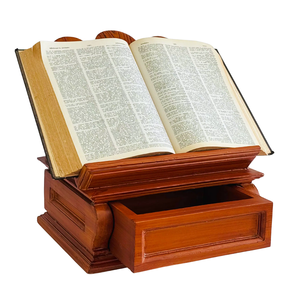 Wooden kitchen counter book stand with built-in storage drawer – vintage cookbook holder