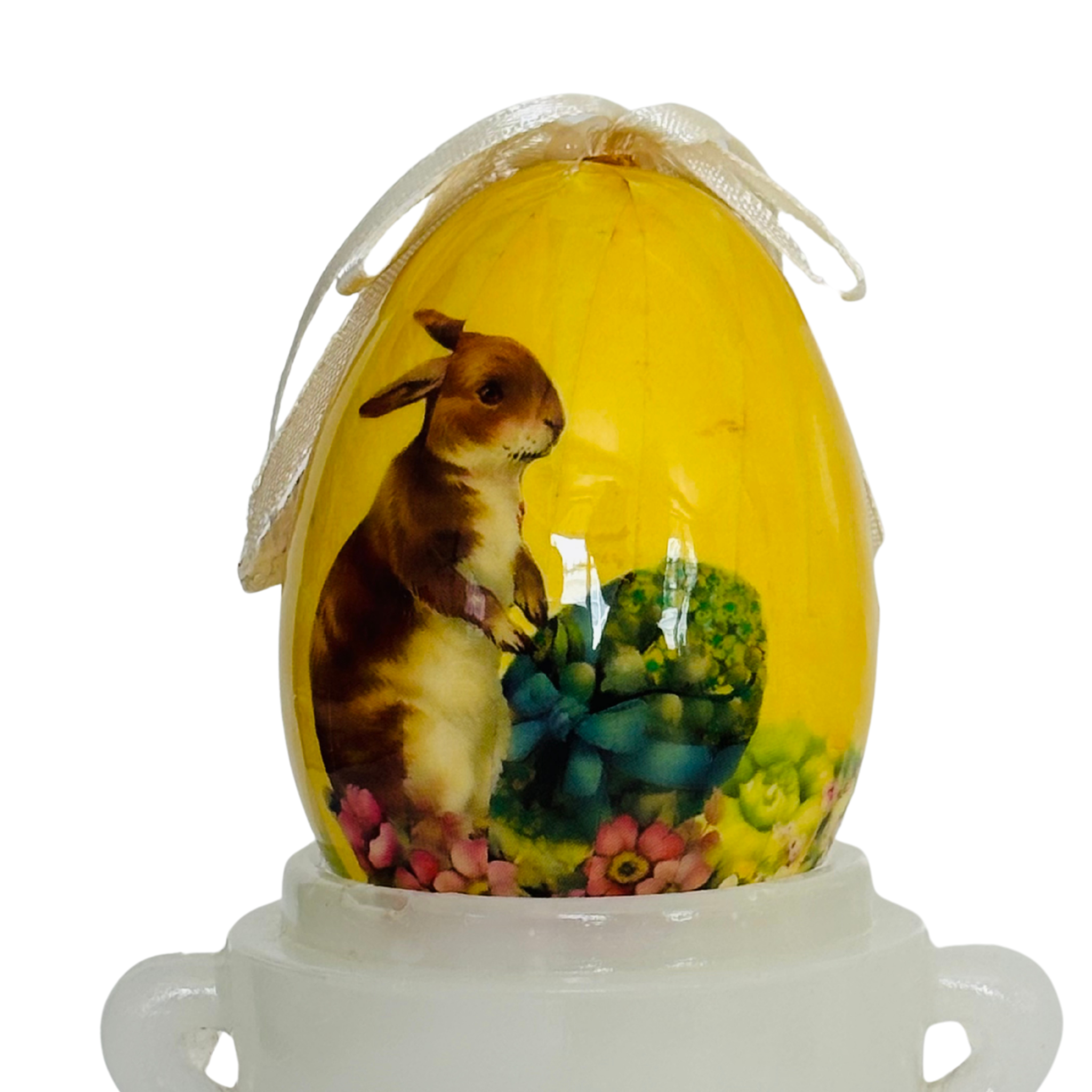 Yellow Easter egg with rabbit, basket, and floral accents
